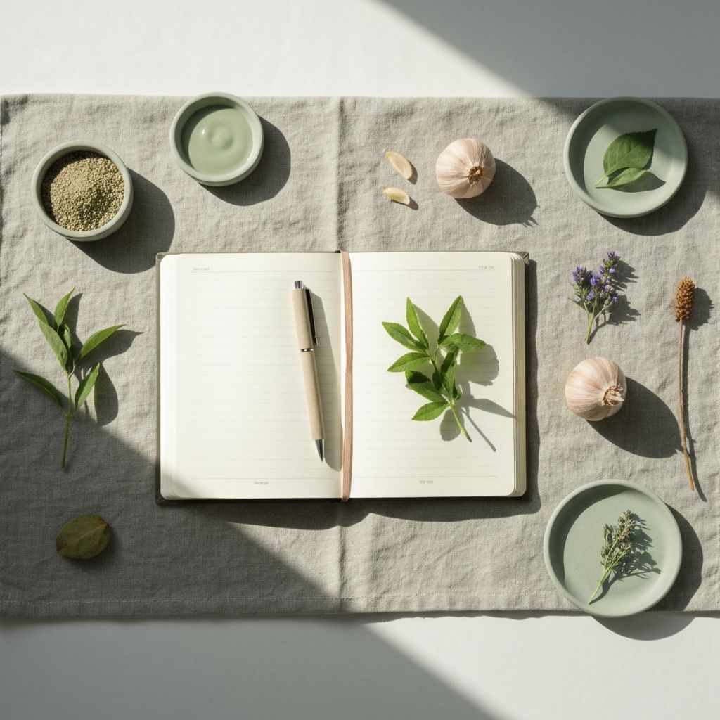 Open notebook with pen and botanical elements on linen surface