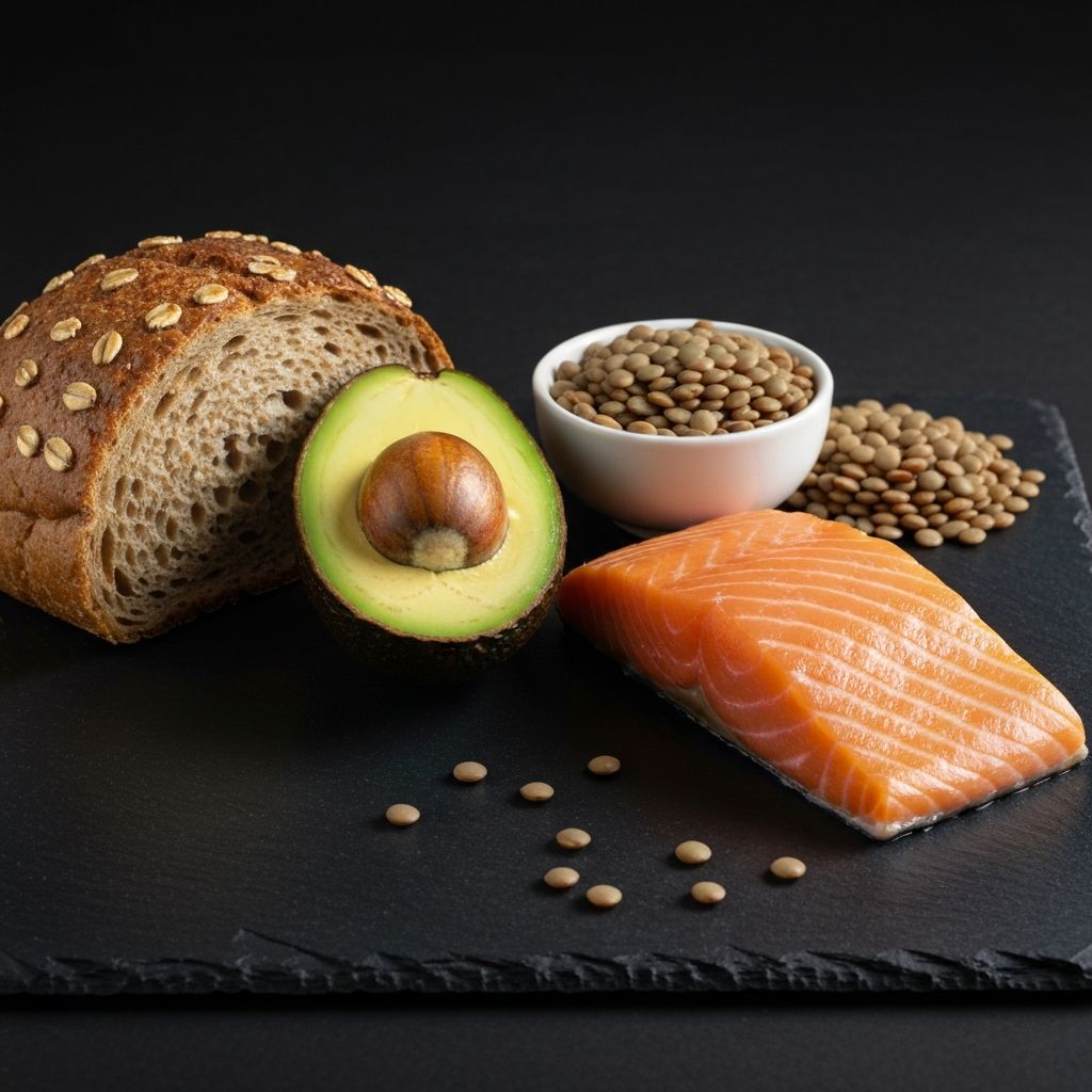 Whole grain bread, avocado, cooked salmon and lentils on dark slate