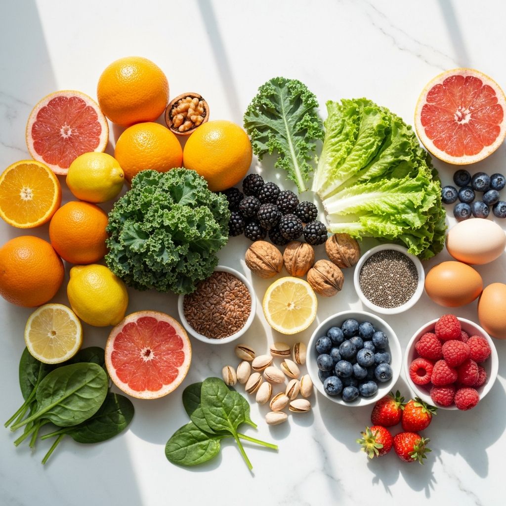 Citrus fruits, leafy greens, nuts, seeds and berries on white marble
