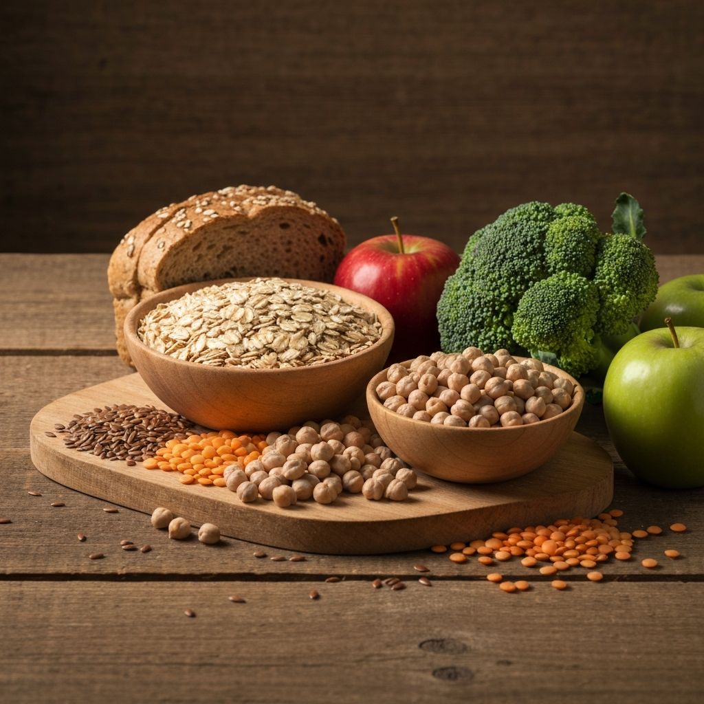 Whole oats, legumes, broccoli, apples and flaxseeds on rustic wood