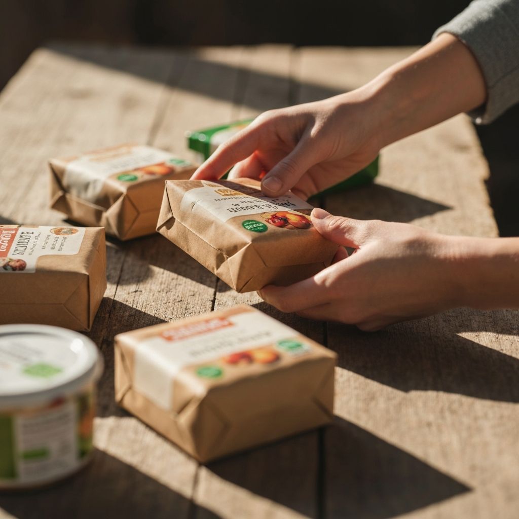 Packaged food products on wooden surface, hands examining labels