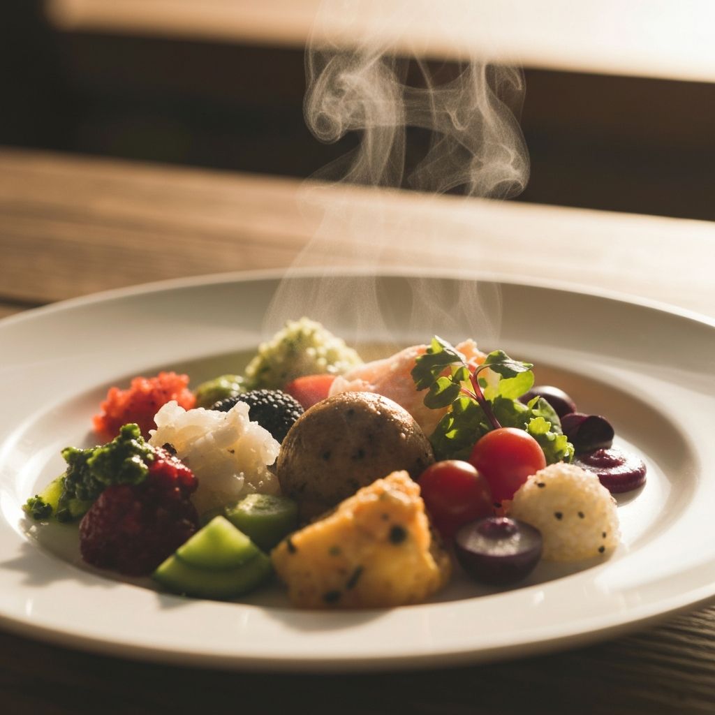 A beautifully presented balanced meal on a ceramic plate with natural ingredients and warm lighting