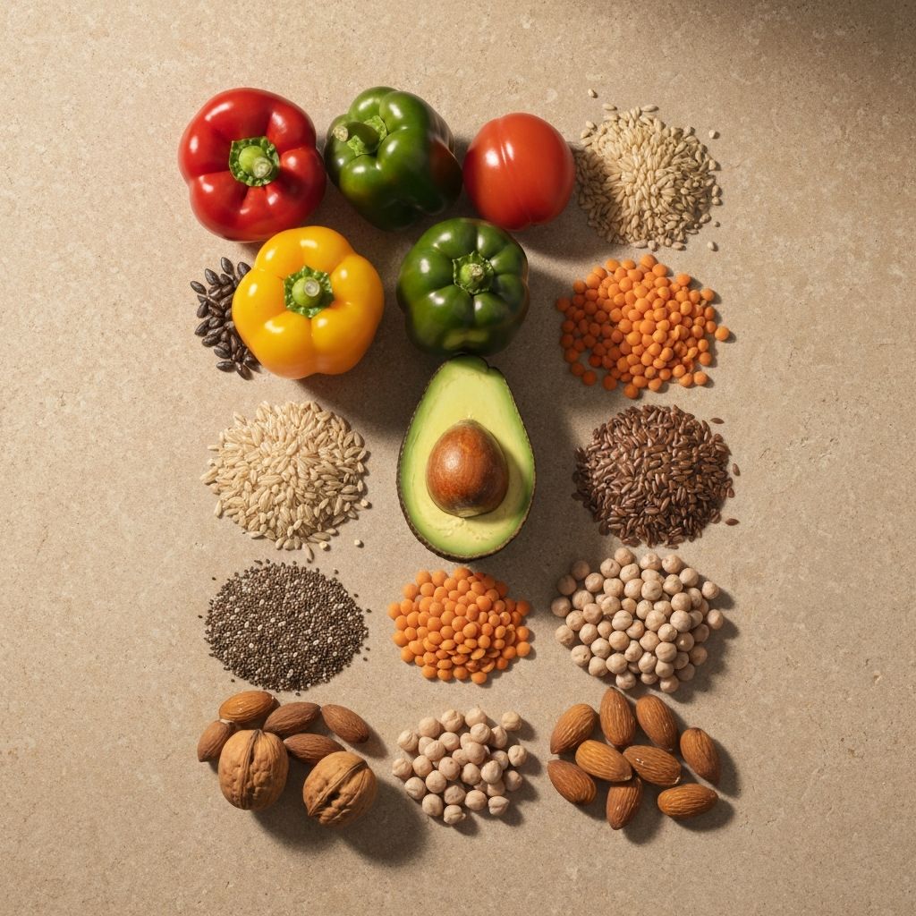 A flat lay of diverse whole foods representing macronutrients and micronutrients including nuts, vegetables and grains