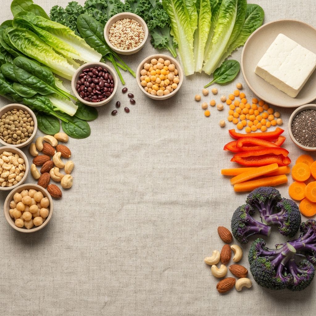 Plant-based diet colourful flat lay featuring leafy greens, legumes, quinoa and vegetables